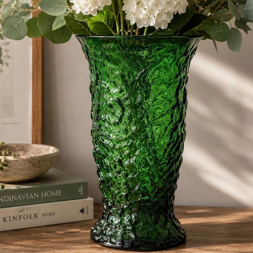 VTG Hoosier Green Glass Vase 6" Wide Mouth XL 11" Tall MCM Bark Textured Emerald